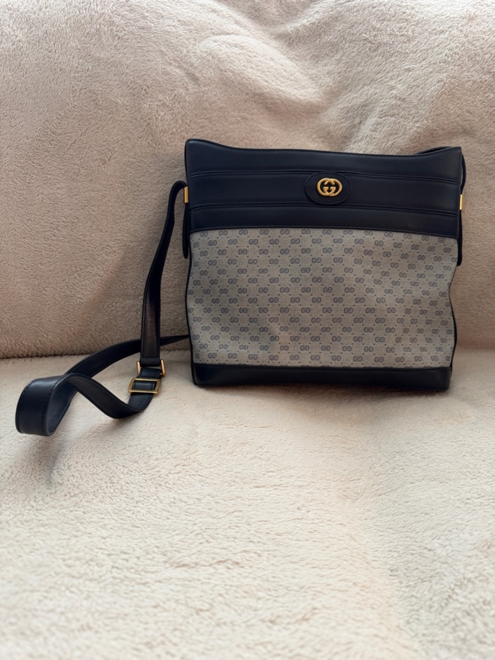 Gucci Navy Leather & Beige GG Canvas Crossbody with Gold Logo